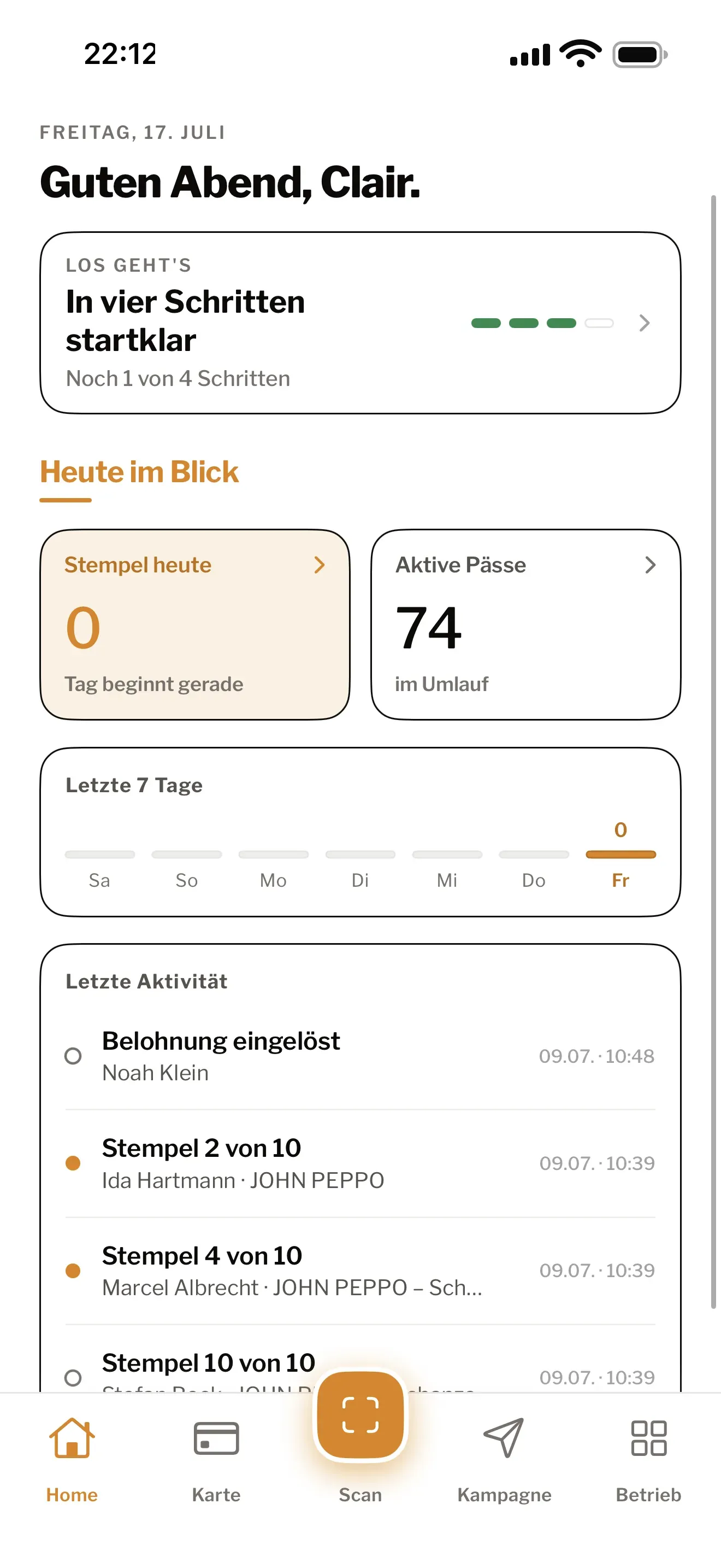 Treuly-App: Dashboard mit Stempeln, aktiven Pässen und letzter Aktivität