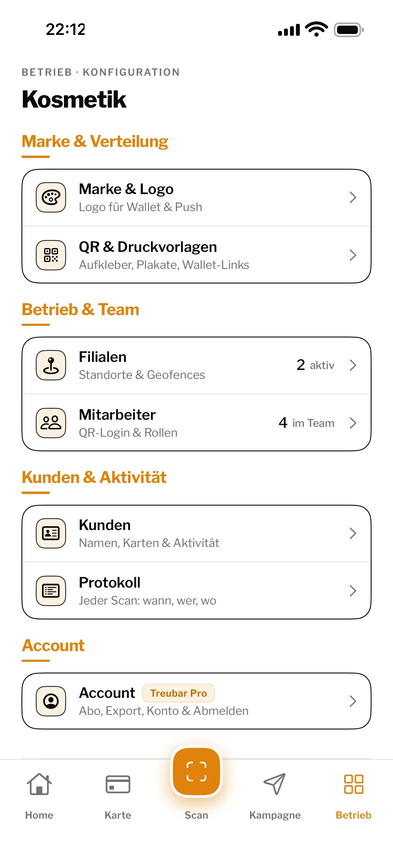 The Treubar app: business settings — brand, QR templates, locations and team