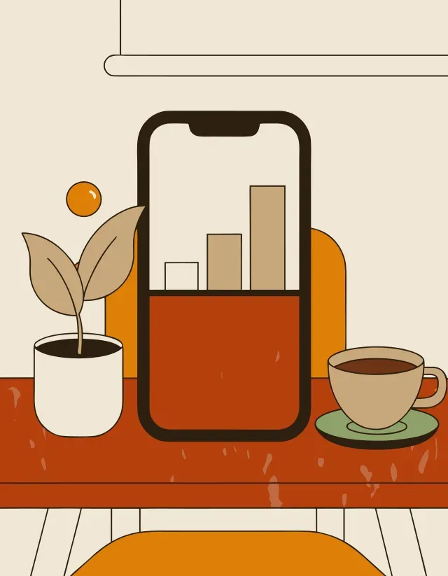 Illustration: ein einfaches Statistik-Diagramm auf einem Telefon in einem warmen Café