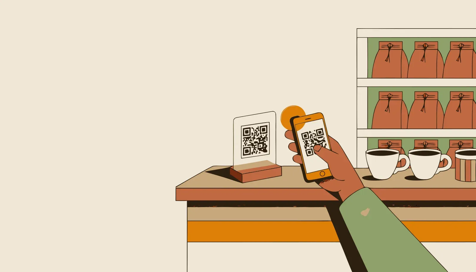 Illustration: Gast scannt den QR-Code am Tresen, um einen Stempel zu bekommen